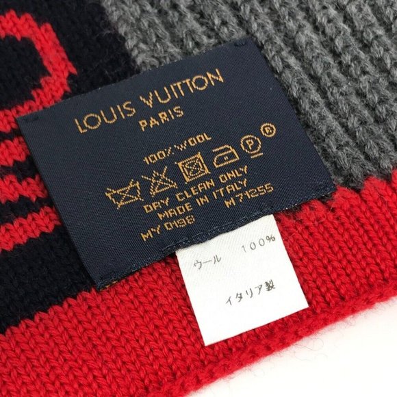 Auth LOUIS VUITTON M71255 Echarpes LV generation Scarf wool gray/Red - Picture 5 of 9